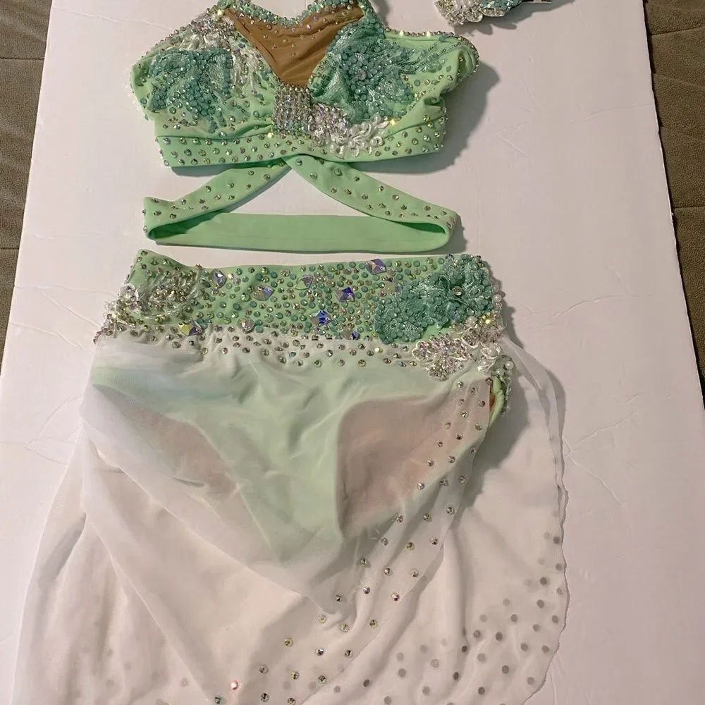 Solo custom dance costume 2 piece mint green bling lyrical contemporary LC child